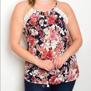Ivory, Rust & Navy Floral Lace-Trim Tank - Plus